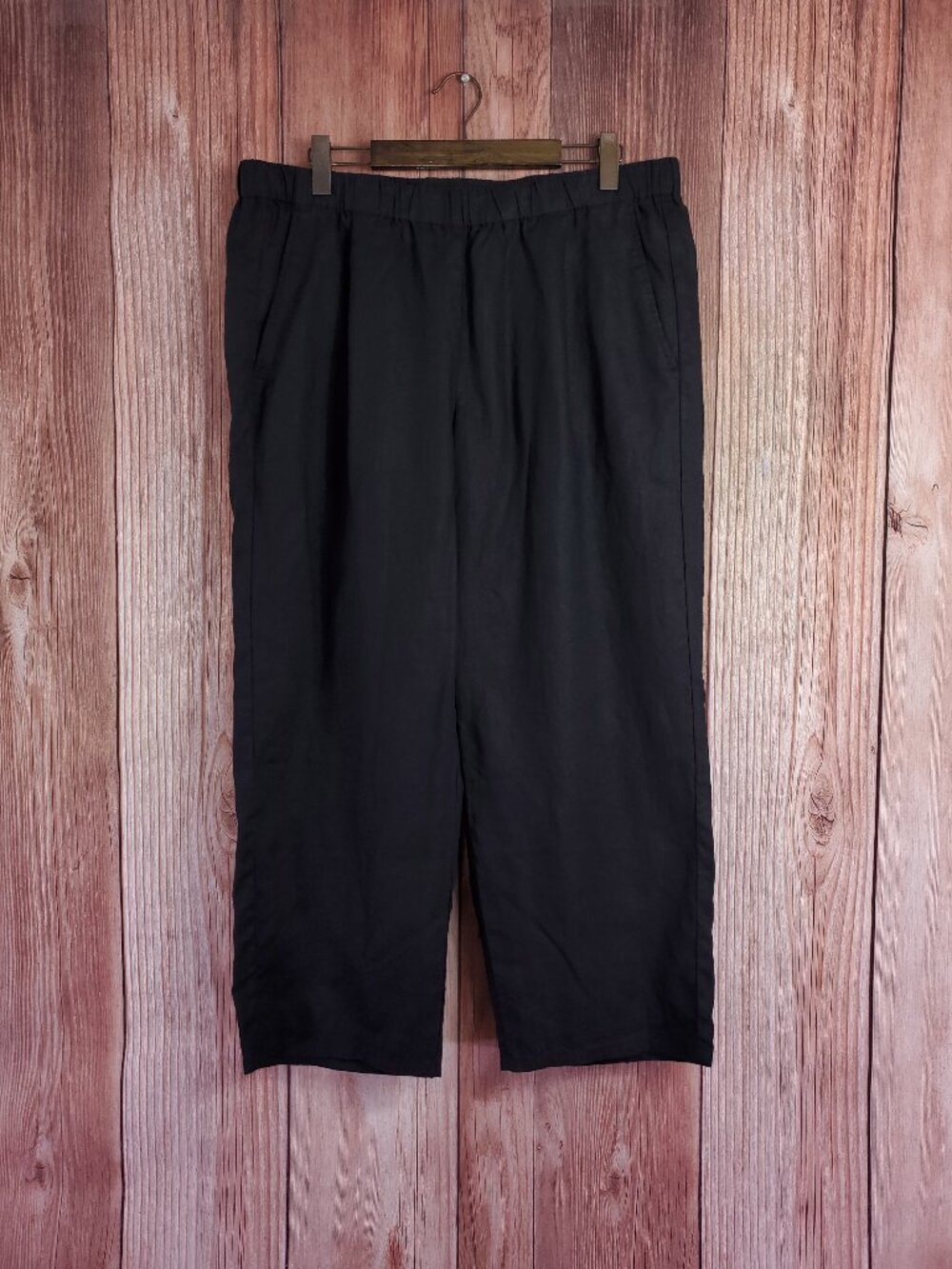 NWT Eileen Fisher Organic Linen Straight Leg Pants Womens XL Elastic Waist Black